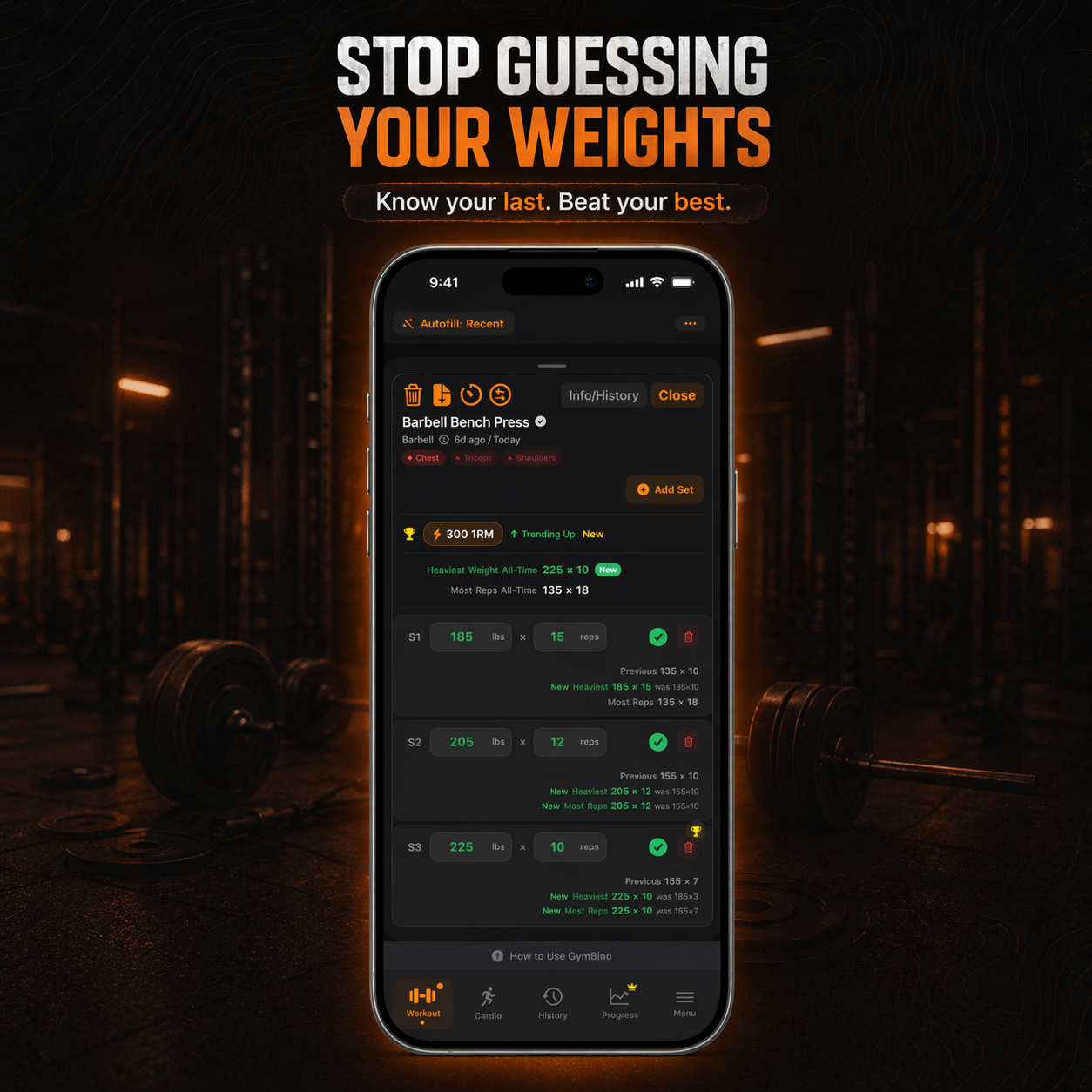 GymBino workout tracker showing logging interface