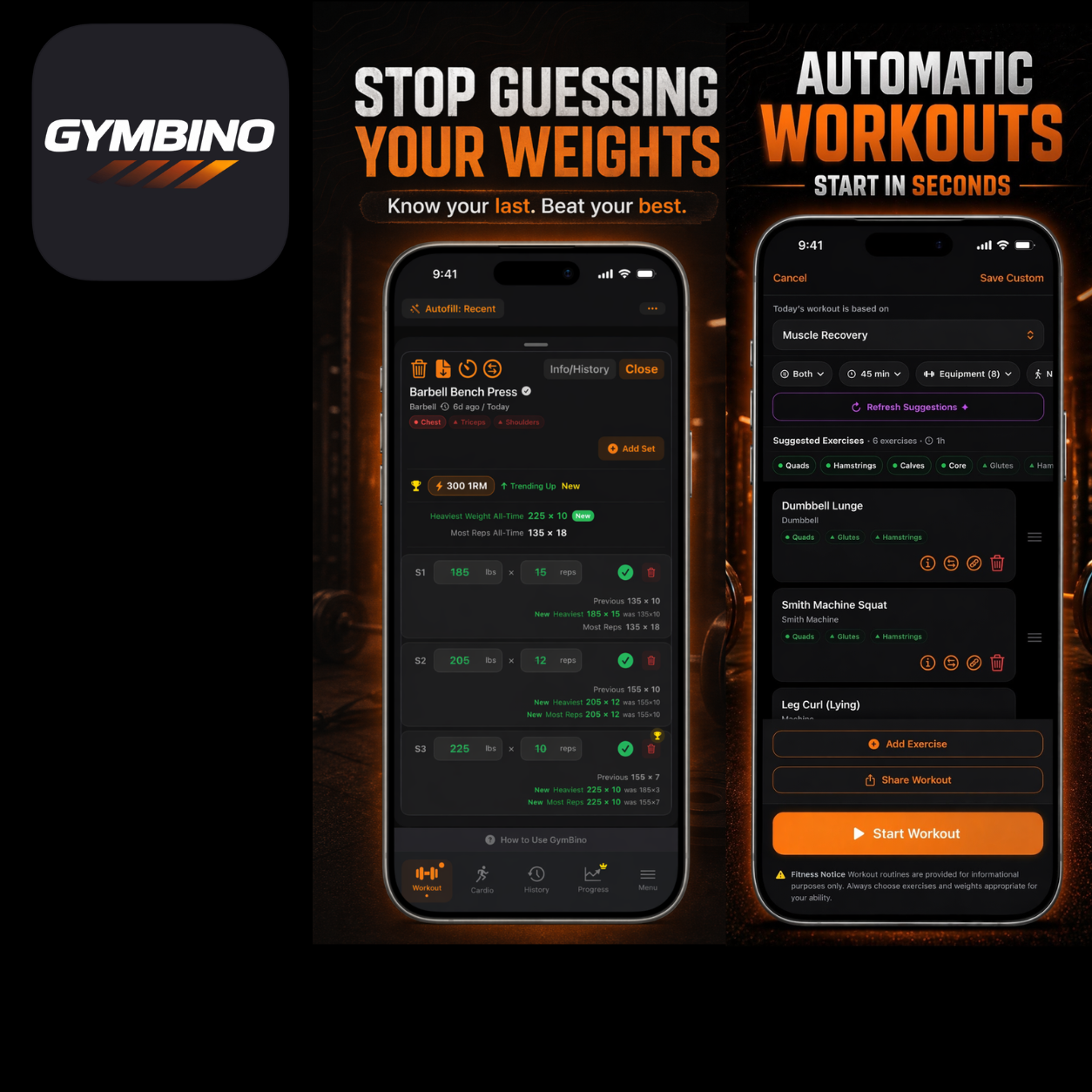 GymBino workout tracker app in use at the gym