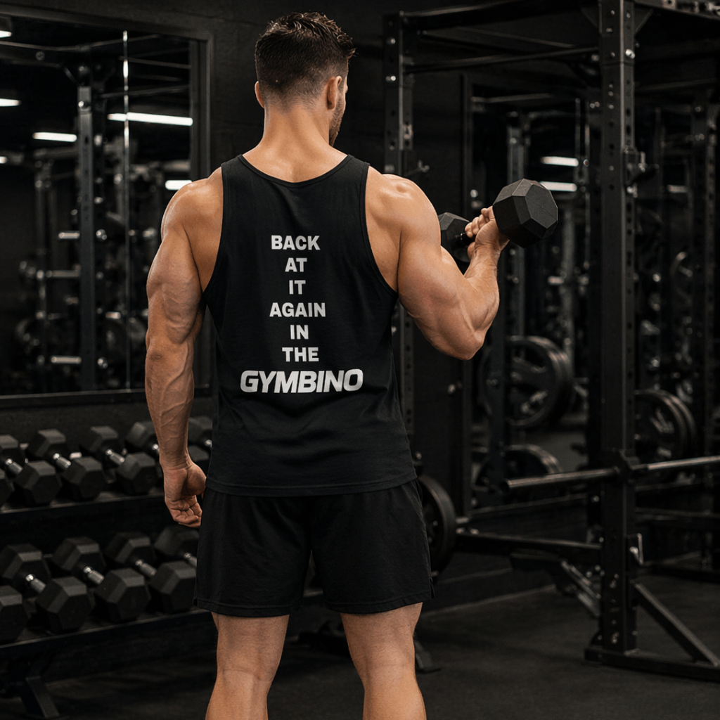 GymBino apparel — tank top, leggings and cap on gym floor